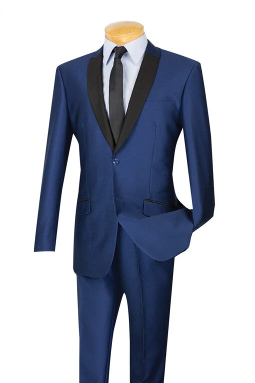 Slim Fit Shiny Sharkskin Men's 2 Piece Suit In Navy -Sapphire Dress Shop 01 VIN S2PS 1 NAVY 15 2