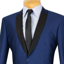 Slim Fit Shiny Sharkskin Men's 2 Piece Suit In Navy -Sapphire Dress Shop 01 VIN S2PS 1 NAVY 15 3