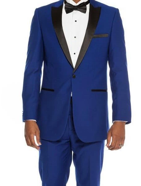 Slim Fit Blue 2 Piece Tuxedo With Satin Peak Lapel 3 Slim Fit Blue 2 Piece Tuxedo With Satin Peak Lapel