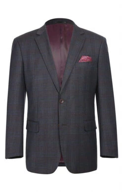 Wool Blend Plaid Pattern Regular Fit 2 Button Blazer In Burgundy
