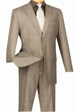 Pompey Collection - Men's Glen Plaid Dress Suit 2 Piece Regular Fit In Tan