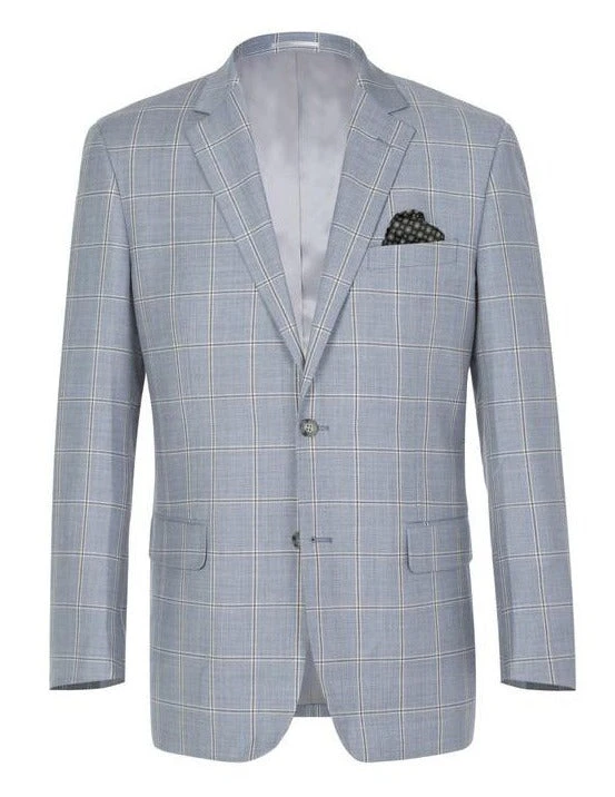 100% Wool Windowpane Pattern Regular Fit 2 Button Blazer In Stone Blue 3 100% Wool Windowpane Pattern Regular Fit 2 Button Blazer In Stone Blue