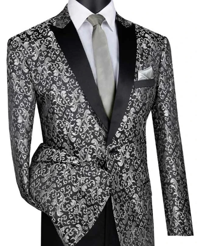 Silver Regular Fit Floral Pattern Jacket Peak Lapel 3 Silver Regular Fit Floral Pattern Jacket Peak Lapel