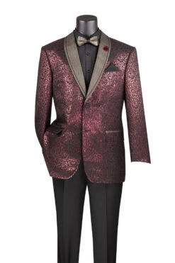 Burgundy Regular Fit Jacket With Dots Lapel And Matching Bow Tie