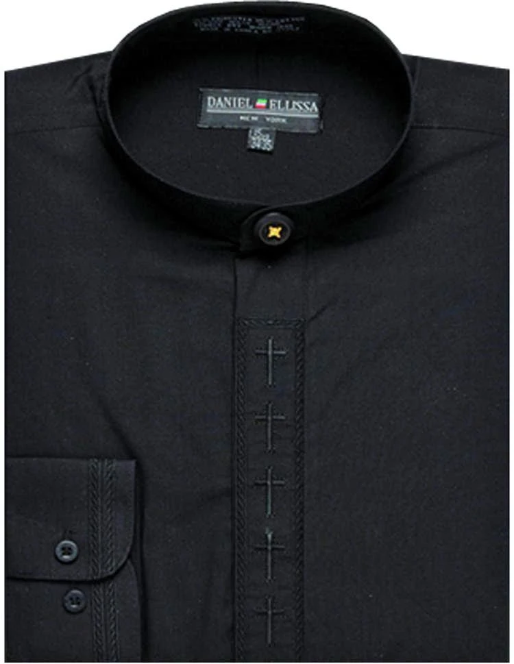 Men's Banded Collar Embroidered Shirt In Black/Black 3 Men's Banded Collar Embroidered Shirt In Black/Black