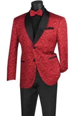 Red Modern Fit Paisley Pattern Jacquard Fabric Jacket With Bow Tie