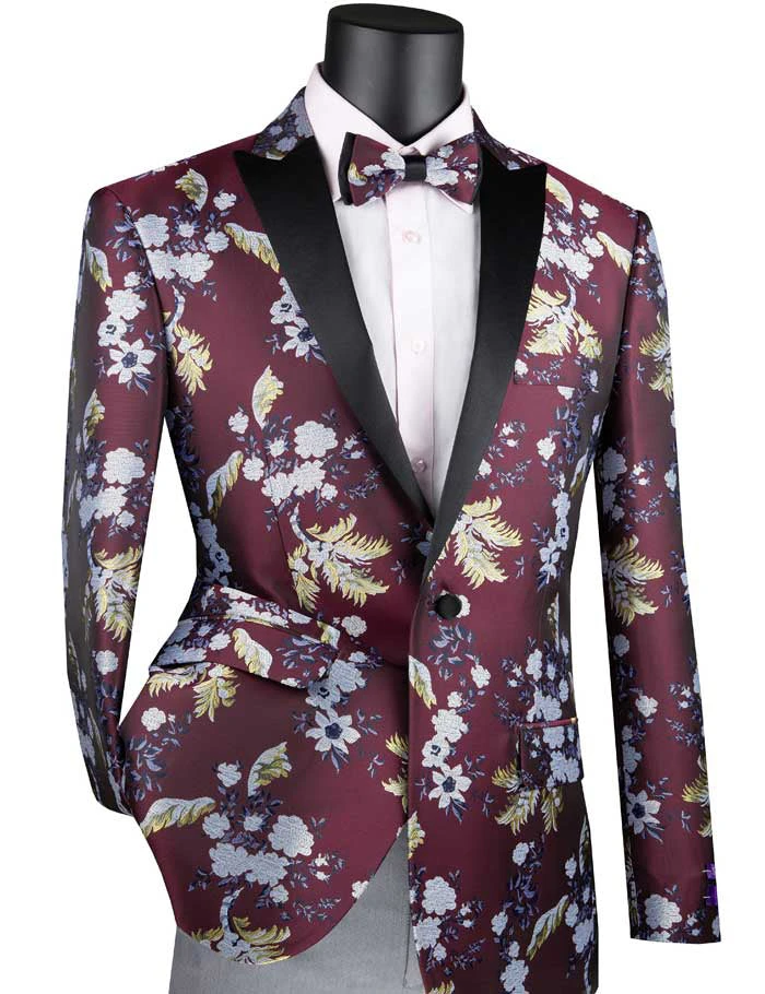 (3XL) Burgundy Slim Fit Blazer Floral Print 1 Button With Peak Lapel 3 (3XL) Burgundy Slim Fit Blazer Floral Print 1 Button With Peak Lapel