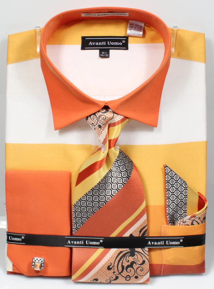 French Cuff Shirt In Yellow With Tie, Cuff Links, And Handkerchief 3 French Cuff Shirt In Yellow With Tie, Cuff Links, And Handkerchief