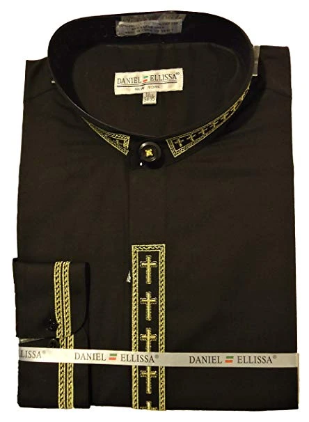 Men's Banded Collar Embroidered Shirt In Black/Gold 3 Men's Banded Collar Embroidered Shirt In Black/Gold