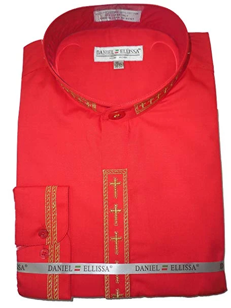 Men's Banded Collar Embroidered Shirt In Red/Gold 3 Men's Banded Collar Embroidered Shirt In Red/Gold