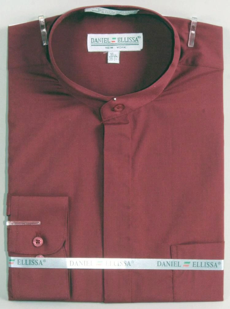 Basic Banded Collar Dress Shirt In Burgundy 3 Basic Banded Collar Dress Shirt In Burgundy
