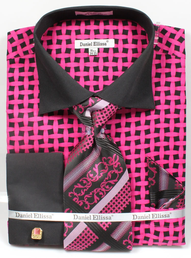 French Cuff Checker Pattern Cotton Shirt In Black/Fuchsia With Tie, Cuff Links And Handkerchief 3 French Cuff Checker Pattern Cotton Shirt In Black/Fuchsia With Tie, Cuff Links And Handkerchief