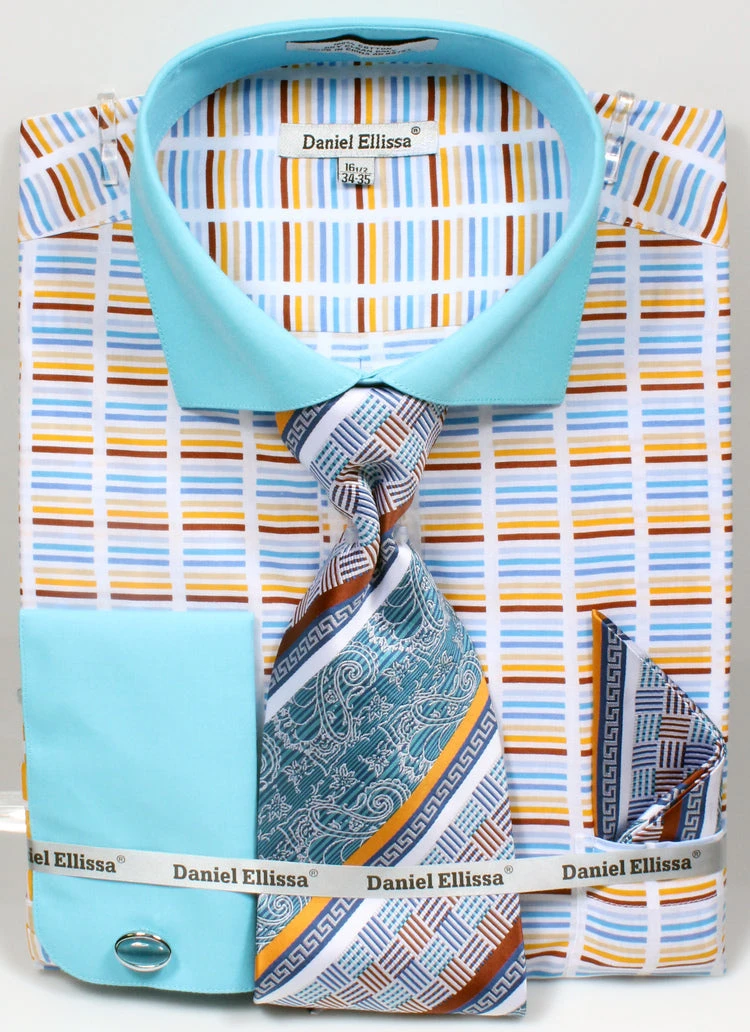 French Cuff Cotton Shirt Set In Turquoise With Tie, Cuff Links And Handkerchief 3 French Cuff Cotton Shirt Set In Turquoise With Tie, Cuff Links And Handkerchief