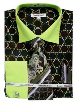 French Cuff Circle Printed Cotton Shirt In Black/Green With Tie, Cuff Links And Handkerchief