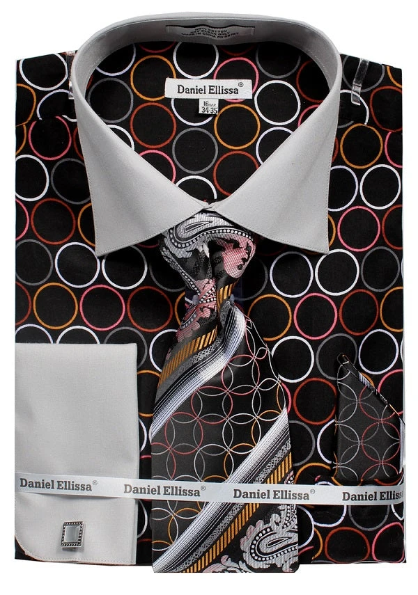 French Cuff Circle Printed Cotton Shirt In Black/Gray With Tie, Cuff Links And Handkerchief 3 French Cuff Circle Printed Cotton Shirt In Black/Gray With Tie, Cuff Links And Handkerchief