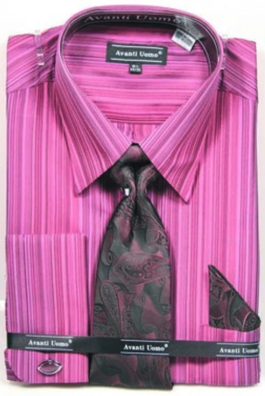 French Cuff Wine Striped Pattern Dress Shirt Set With Tie, Cuff Links And Handkerchief 3 French Cuff Wine Striped Pattern Dress Shirt Set With Tie, Cuff Links And Handkerchief