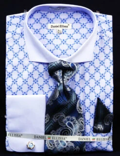 French Cuff Printed Two Tone Shirts In Blue With Tie, Cuff Links And Handkerchief