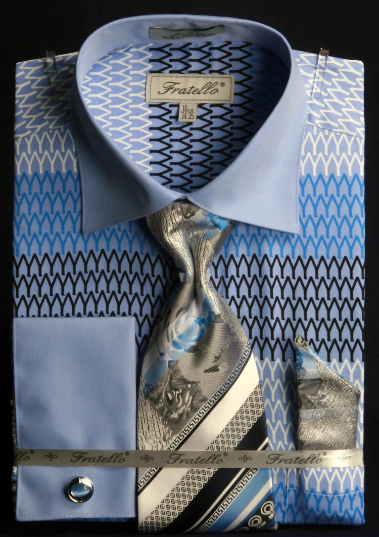 French Cuff Printed Tone On Tone Shirt In Blue With Tie, Cuff Links And Handkerchief 3 French Cuff Printed Tone On Tone Shirt In Blue With Tie, Cuff Links And Handkerchief