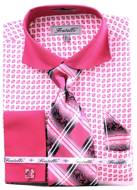 French Cuff Checker Pattern Cotton Shirt In Fuchsia With Tie, Cuff Links And Handkerchief 3 French Cuff Checker Pattern Cotton Shirt In Fuchsia With Tie, Cuff Links And Handkerchief