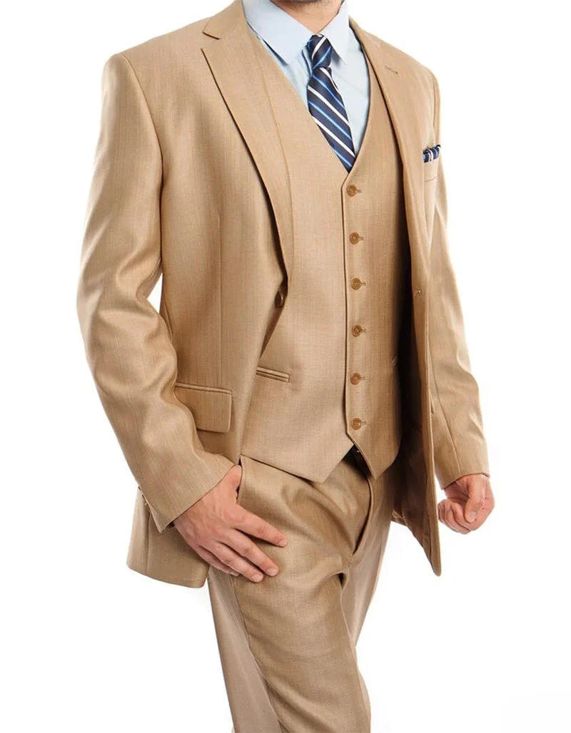 Wheat 3 Piece Modern Fit Suit 2 Button V-Neck Vest 2 Wheat 3 Piece Modern Fit Suit 2 Button V-Neck Vest