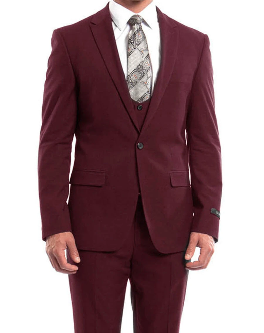 Burgundy Solid Color 3 Piece Slim Fit Suit 1 Button Peak Lapel 3 Burgundy Solid Color 3 Piece Slim Fit Suit 1 Button Peak Lapel