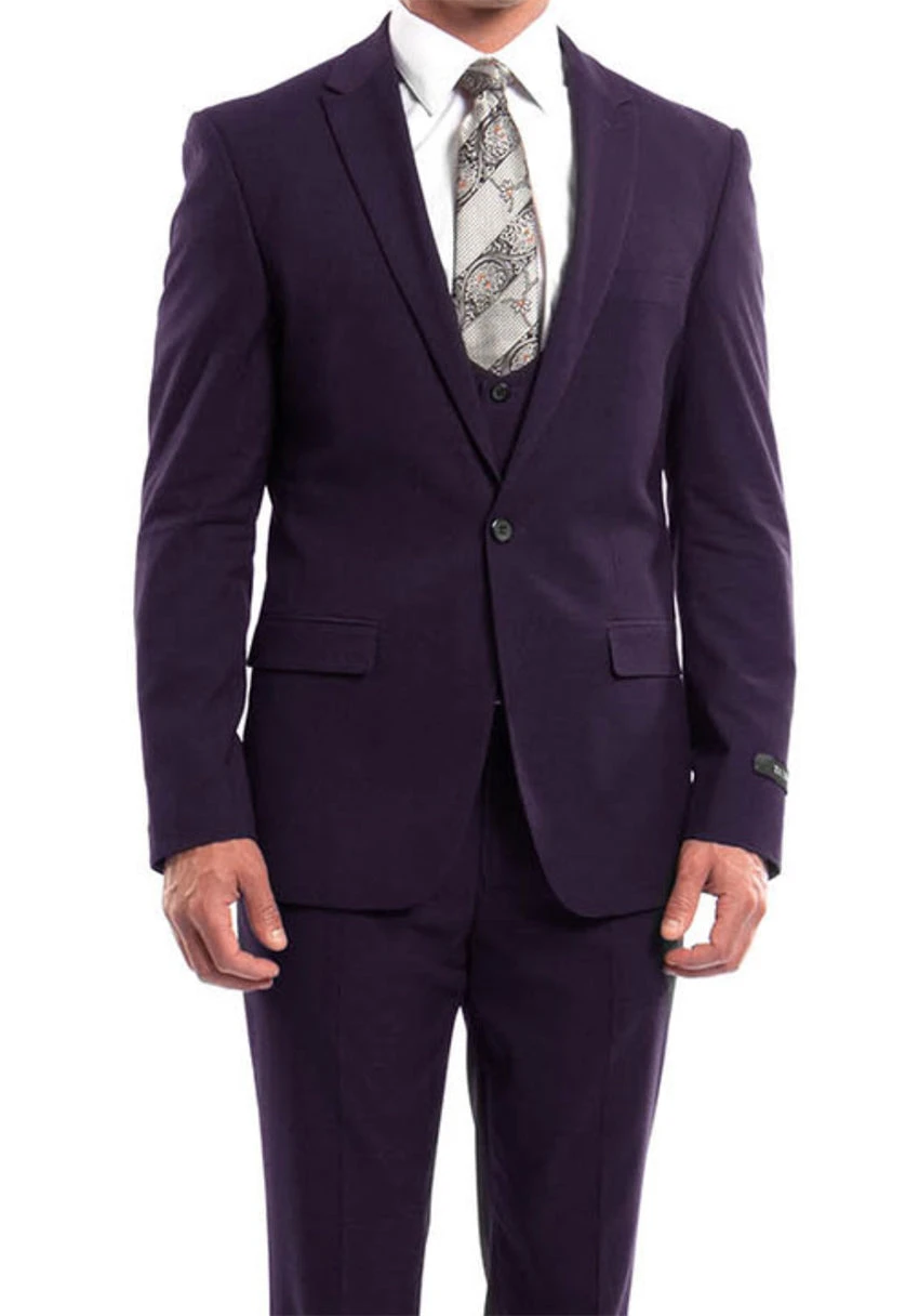 Purple Solid Color 3 Piece Slim Fit Suit 1 Button Peak Lapel 3 Purple Solid Color 3 Piece Slim Fit Suit 1 Button Peak Lapel