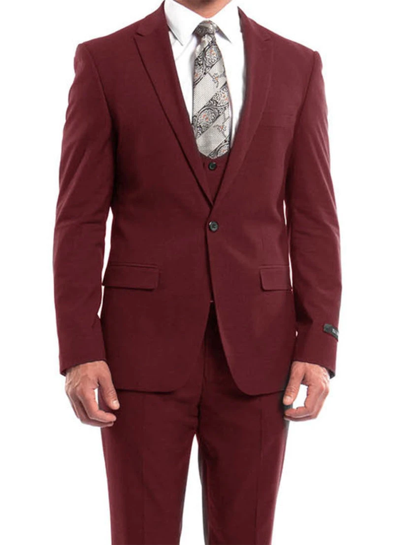 Cherry Red Solid Color 3 Piece Slim Fit Suit 1 Button Peak Lapel 3 Cherry Red Solid Color 3 Piece Slim Fit Suit 1 Button Peak Lapel