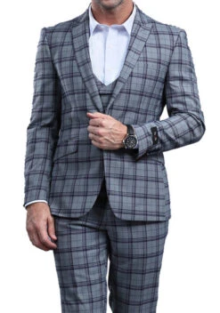Navy Slim Fit 3 Piece Suit Check Pattern