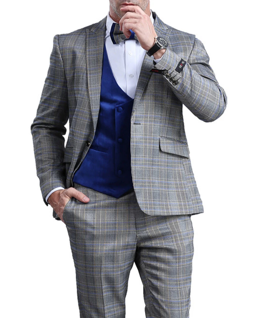 Blue Slim Fit Tuxedo 4 Piece Glen Plaid With Bow Tie 3 Blue Slim Fit Tuxedo 4 Piece Glen Plaid With Bow Tie