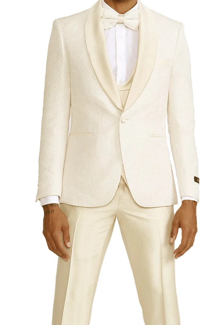 Ivory Slim Fit Tuxedo 4 Piece With Satin Shawl Collar Beveled Designed Vest 3 Ivory Slim Fit Tuxedo 4 Piece With Satin Shawl Collar Beveled Designed Vest