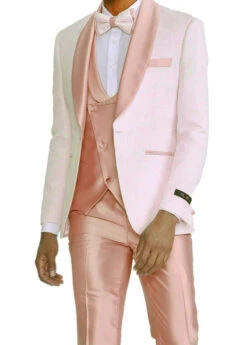 Rose Gold Pink Slim Fit Tuxedo 4 Piece With Satin Shawl Collar Beveled Designed Vest