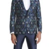 (44R) Navy Slim Fit Tuxedo 4 Piece Floral Pattern With Bow Tie