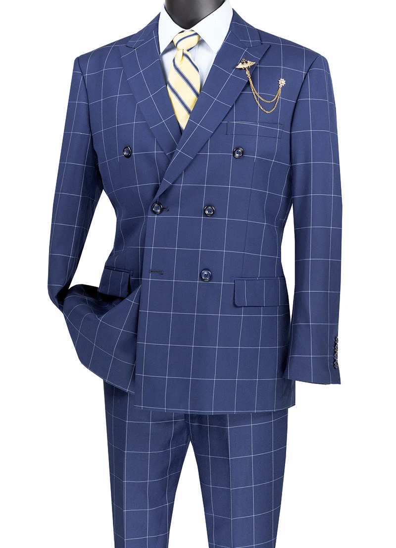 Naples Collection - Blue Modern Fit Double Breasted Windowpane Peak Lapel 2 Piece Suit 3 Naples Collection - Blue Modern Fit Double Breasted Windowpane Peak Lapel 2 Piece Suit