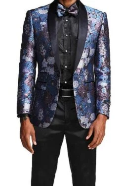 Slim Fit Floral Pattern Blazer Satin Shawl Collar With Bow Tie In Blue