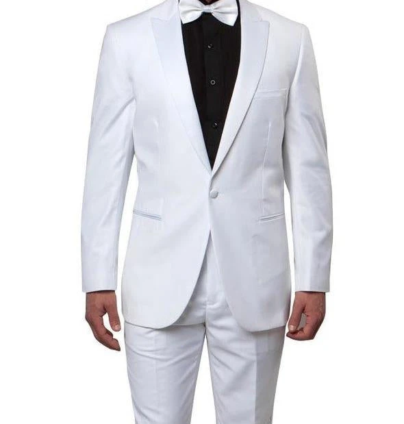 Slim Fit 2 Piece White Tuxedo With White Satin Peak Lapel 3 Slim Fit 2 Piece White Tuxedo With White Satin Peak Lapel
