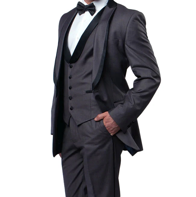 (42L) Gray Slim Fit Tuxedo 3 Piece With Satin Shawl Collar Vest 3 (42L) Gray Slim Fit Tuxedo 3 Piece With Satin Shawl Collar Vest