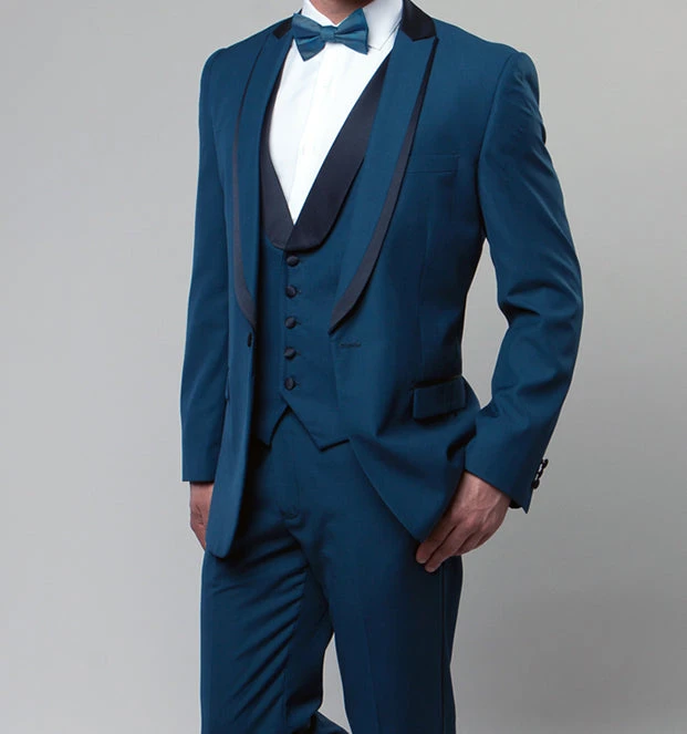 Blue Slim Fit Tuxedo 3 Piece With Satin Shawl Collar Vest 3 Blue Slim Fit Tuxedo 3 Piece With Satin Shawl Collar Vest