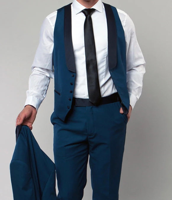 Blue Slim Fit Tuxedo 3 Piece With Satin Shawl Collar Vest 4 Blue Slim Fit Tuxedo 3 Piece With Satin Shawl Collar Vest - Image 2