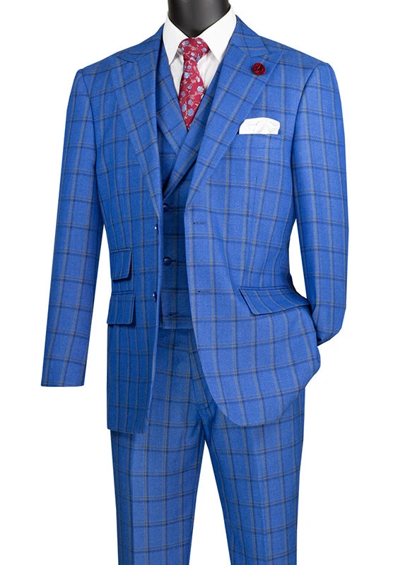 Tuscany Collection - Modern Fit Windowpane Suit 3 Piece In Royal Blue 3 Tuscany Collection - Modern Fit Windowpane Suit 3 Piece In Royal Blue