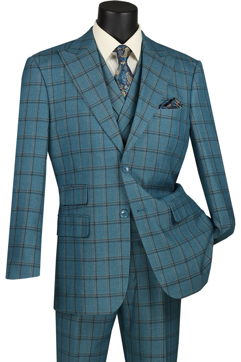 Tuscany Collection - Modern Fit Windowpane Suit 3 Piece In Teal Blue 3 Tuscany Collection - Modern Fit Windowpane Suit 3 Piece In Teal Blue