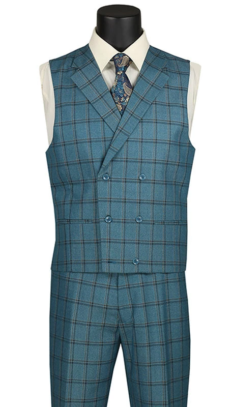 Tuscany Collection - Modern Fit Windowpane Suit 3 Piece In Teal Blue 4 Tuscany Collection - Modern Fit Windowpane Suit 3 Piece In Teal Blue - Image 2
