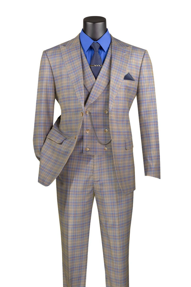 Blue Modern Fit Windowpane Peak Lapel 3 Piece Suit 3 Blue Modern Fit Windowpane Peak Lapel 3 Piece Suit