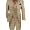 Khaki Modern Fit Windowpane Peak Lapel 3 Piece Suit