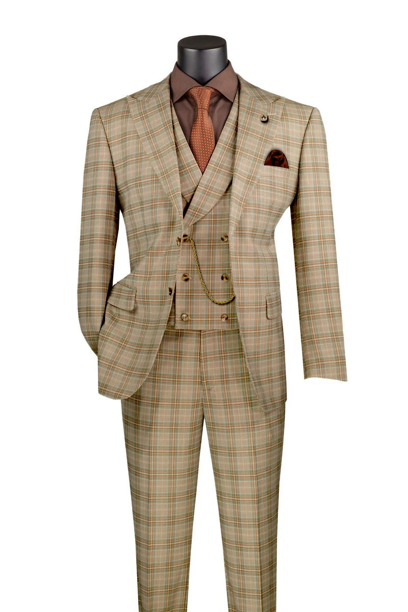 Khaki Modern Fit Windowpane Peak Lapel 3 Piece Suit 3 Khaki Modern Fit Windowpane Peak Lapel 3 Piece Suit