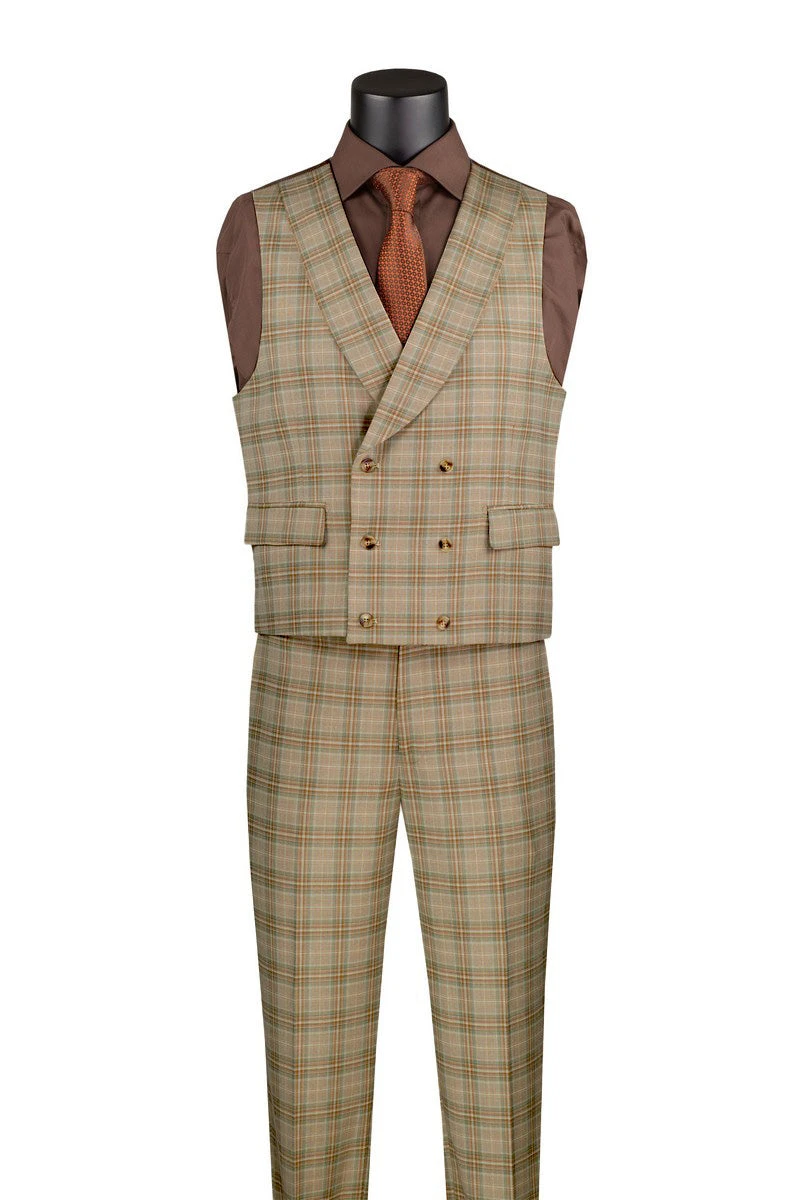 Khaki Modern Fit Windowpane Peak Lapel 3 Piece Suit 4 Khaki Modern Fit Windowpane Peak Lapel 3 Piece Suit - Image 2