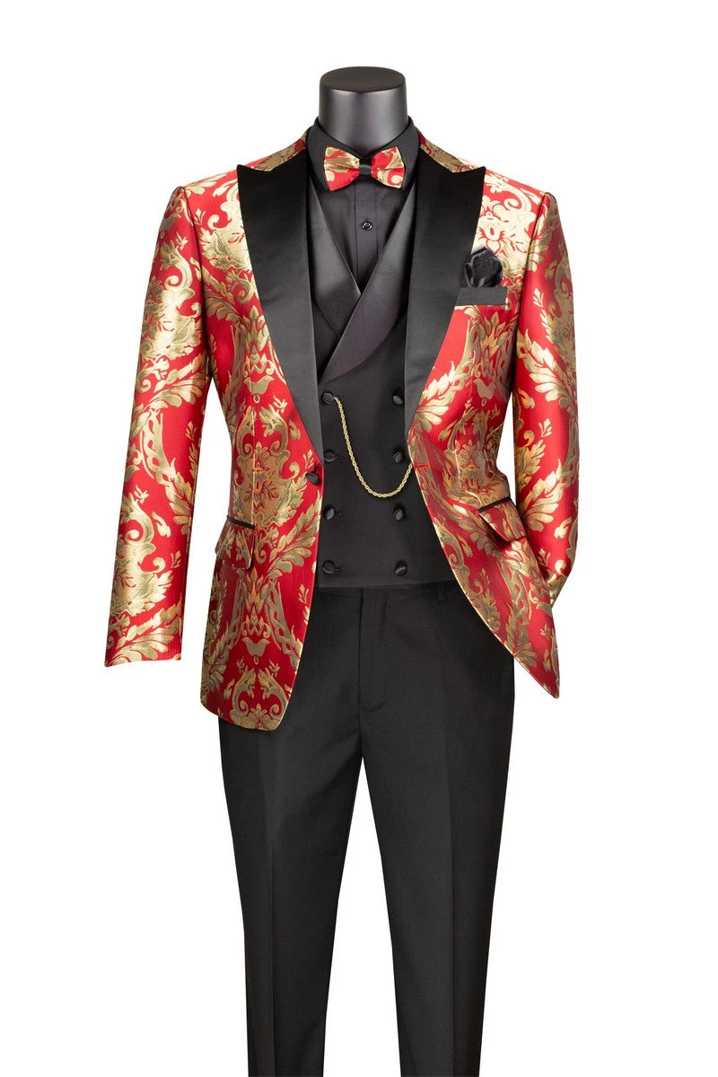 Red Gold Modern Fit 3 Piece Suit With Matching Bow Tie 3 Red Gold Modern Fit 3 Piece Suit With Matching Bow Tie
