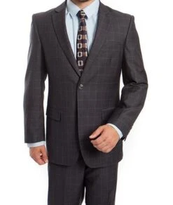 Wool Suit Modern Fit Windowpane 2 Piece In Dark Gray