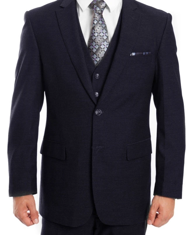 Dotted Wool Suit Modern Fit 3 Piece In Navy 3 Dotted Wool Suit Modern Fit 3 Piece In Navy