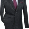 Black Tone On Tone Paisley Pattern Slim Fit Men's 2 Piece Suit 2 Button