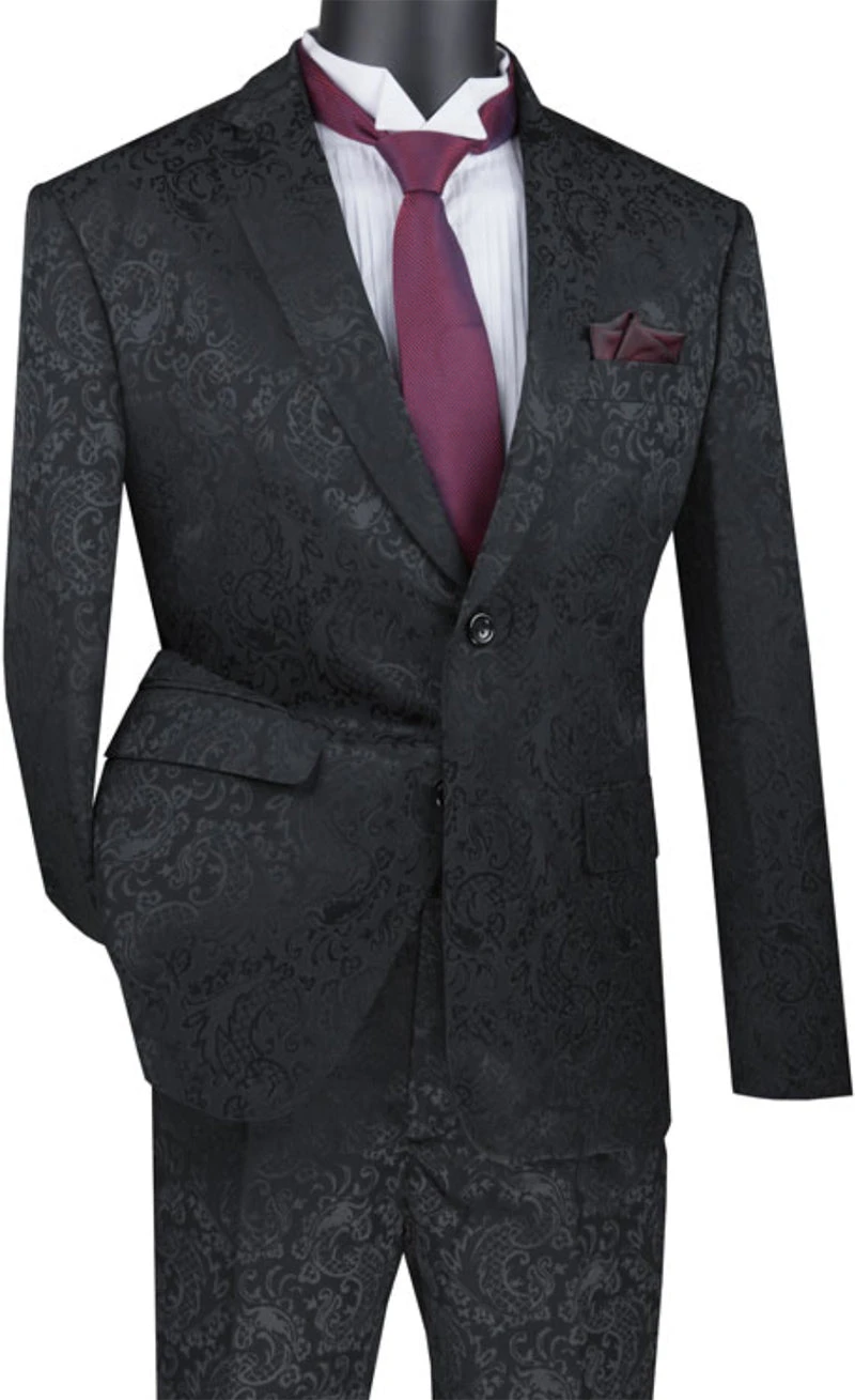 Black Tone On Tone Paisley Pattern Slim Fit Men's 2 Piece Suit 2 Button 3 Black Tone On Tone Paisley Pattern Slim Fit Men's 2 Piece Suit 2 Button